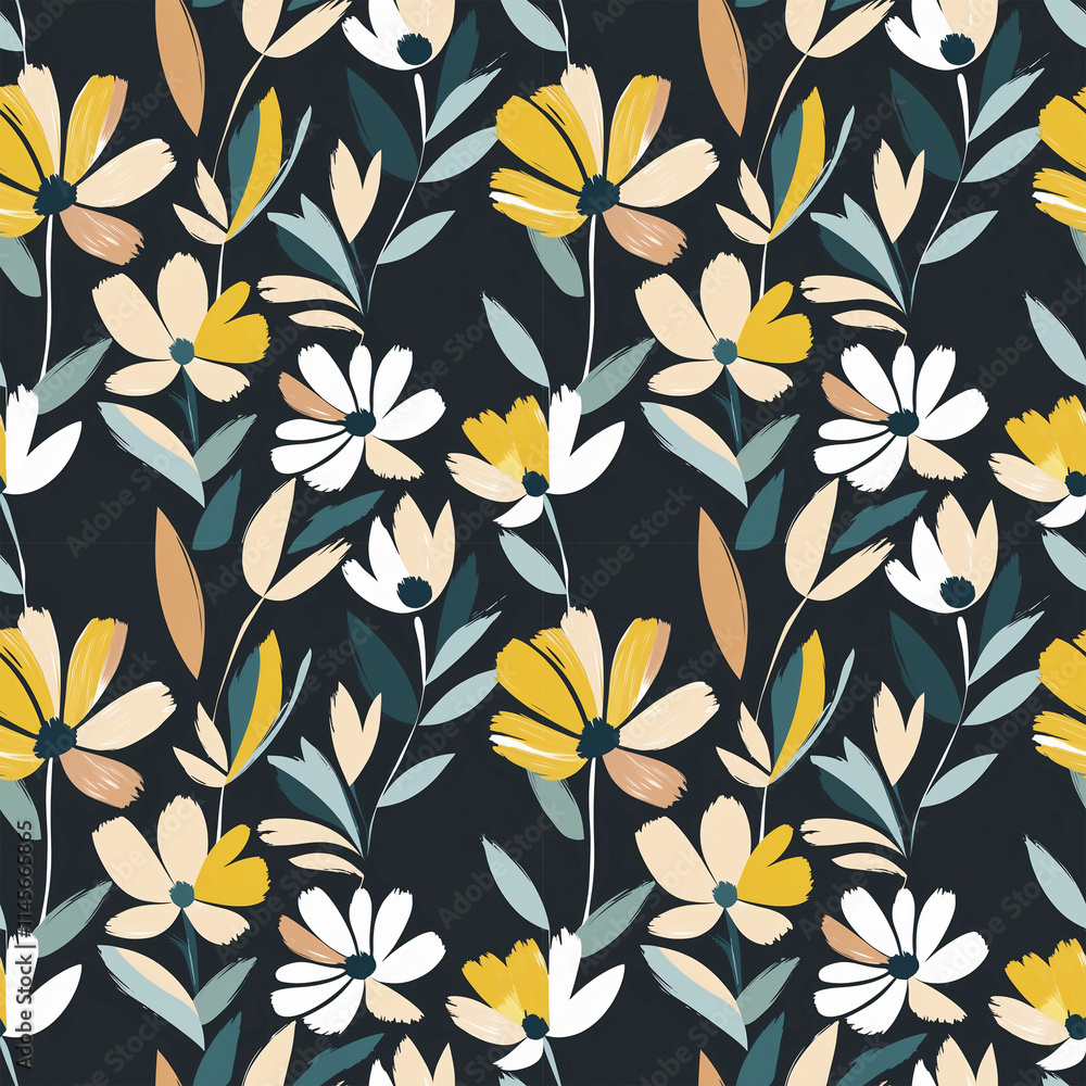 Seamless floral pattern with dark background, yellow, white, beige flowers, muted green leaves, modern abstract design, clean lines, bold, graphic, generative ai Seamless floral pattern with dark background, yellow, white, beige flowers, muted green leaves, modern abstract design, clean lines, bold, graphic, generative ai