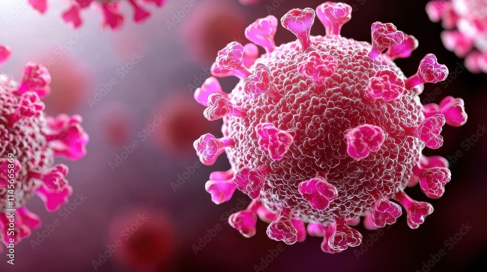 Norovirus outbreak concept and health themes, Microscopic view of a virus with pink spikes, illustrating its structure and complexity in a scientific context. Norovirus outbreak concept and health themes, Microscopic view of a virus with pink spikes, illustrating its structure and complexity in a scientific context.