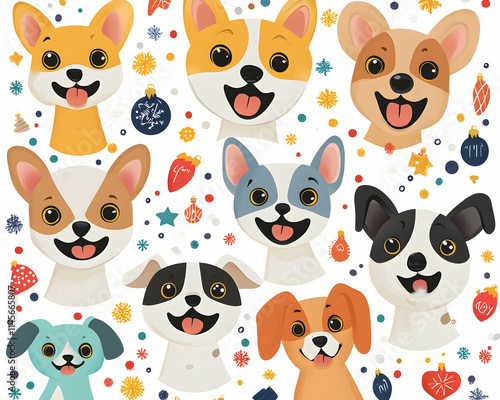 Happy Dogs Christmas Festive Pattern, Winter Holiday Background, Cute Puppy Illustration, Pet Gift Wrap. photo