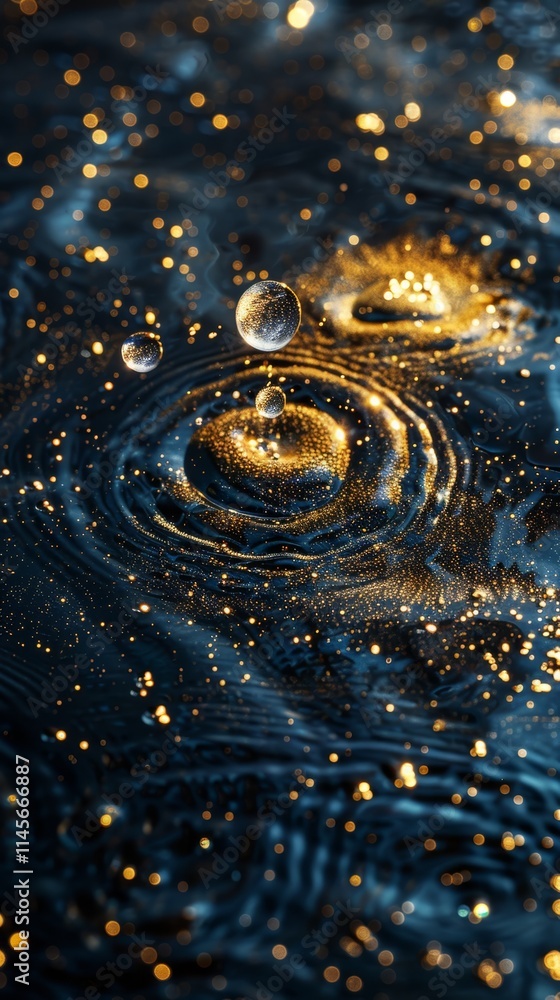 Captivating droplets creating ripples in a shimmering golden background with sparkling details Captivating droplets creating ripples in a shimmering golden background with sparkling details
