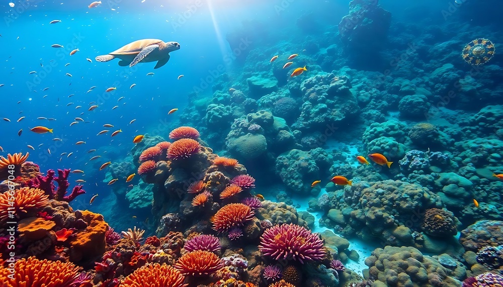 Sea Turtle Swimming Above Vibrant Coral Reef Sea Turtle Swimming Above Vibrant Coral Reef