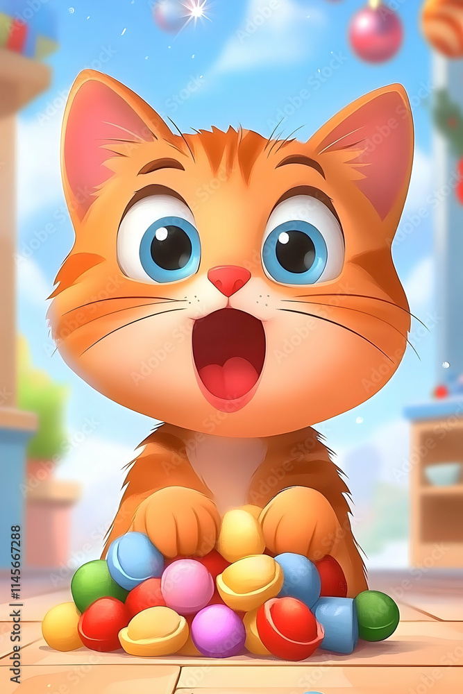 Fototapeta premium Joyful Kitten Playing with Colorful Candies in Festive Kitchen.