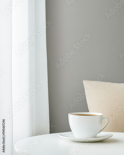 Coffee cup on a white table near a window with soft curtains and a beige cushion