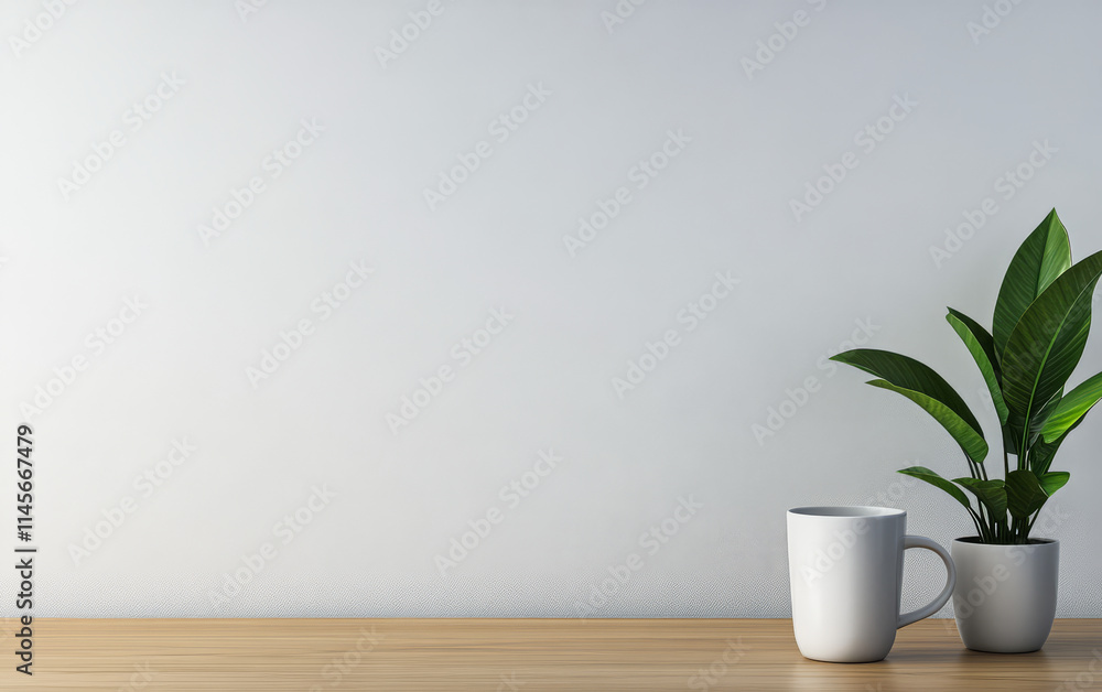 Minimalist workspace with plant and coffee mug on wooden table in bright setting Minimalist workspace with plant and coffee mug on wooden table in bright setting