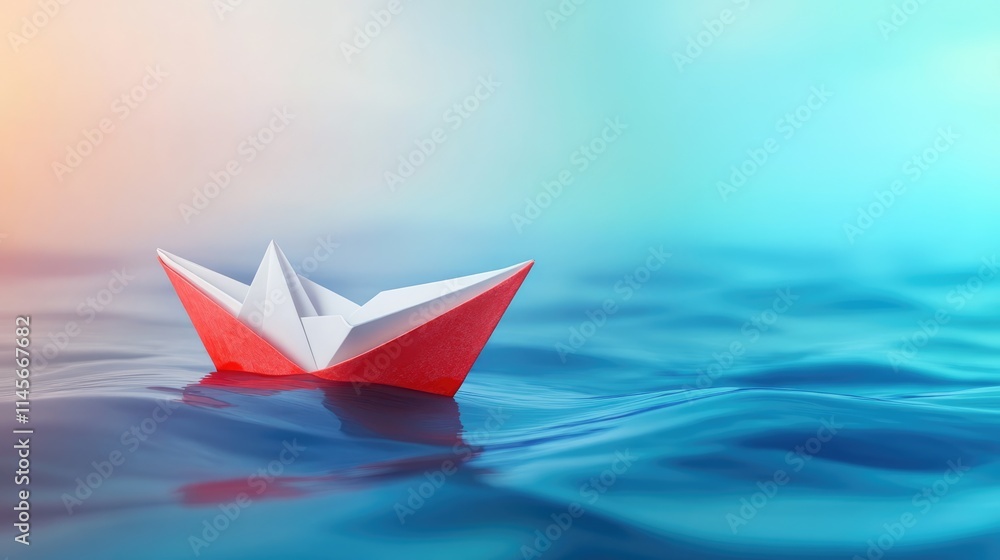 Obraz premium Red and white origami paper boat floating on serene water with a dreamy blue gradient background