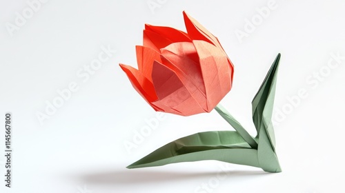 Elegant origami tulip with vibrant red petals and green leaves positioned on a clean white background showcasing craftsmanship and artistic design