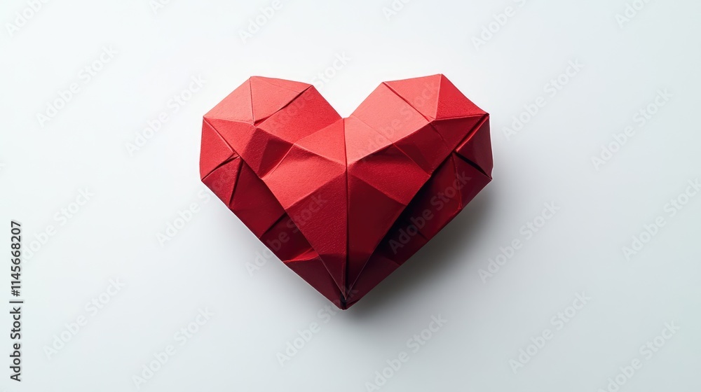 Red origami paper heart artfully crafted and isolated on a clean white background symbolizing love and creativity. Red origami paper heart artfully crafted and isolated on a clean white background symbolizing love and creativity.