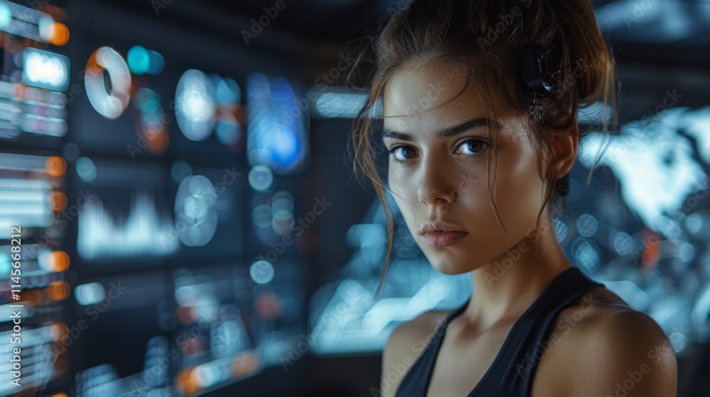 Young woman focused on digital screens in a high-tech control room during nighttime Young woman focused on digital screens in a high-tech control room during nighttime