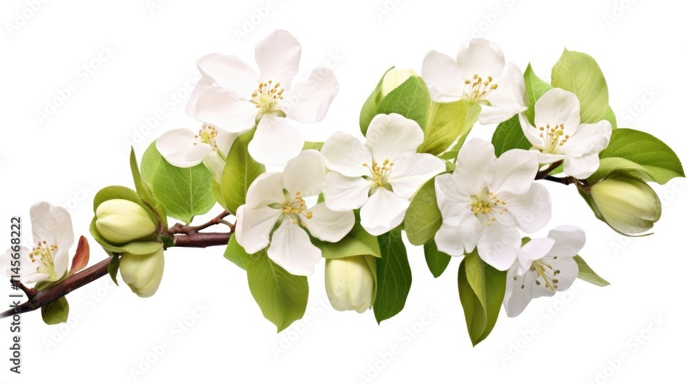 Fototapeta premium Apple Blossom Branch with White Flowers and Fresh Green Leaves Isolated on a White Background for Floral Design and Nature Themes