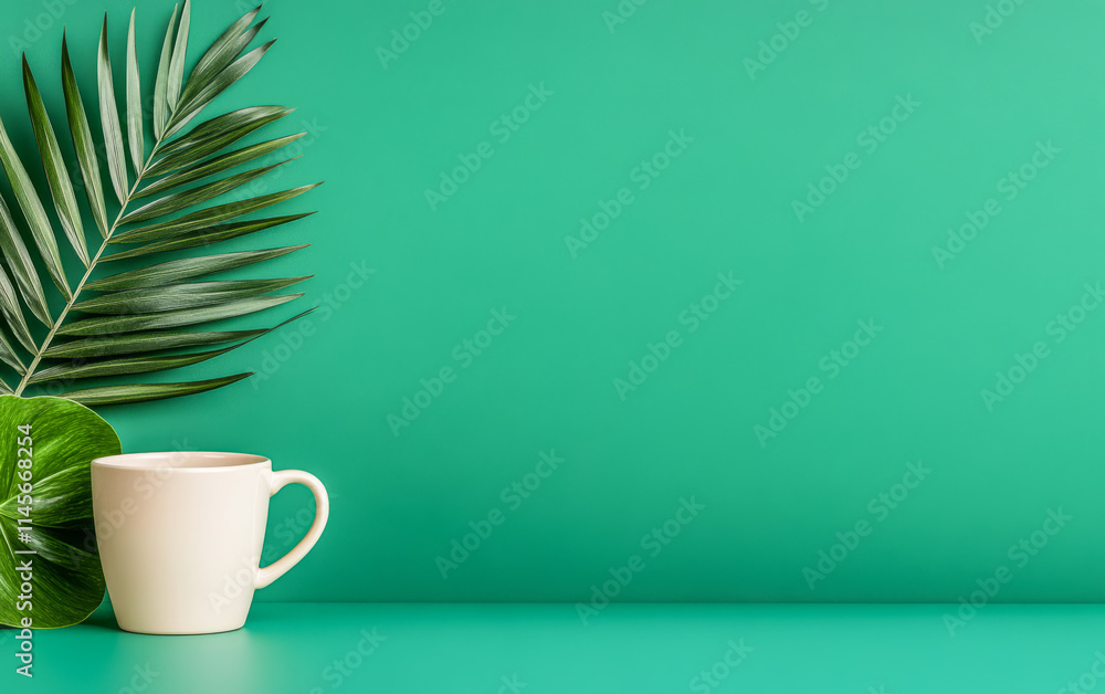 Green background with a cup and tropical leaves creating a calm atmosphere for relaxation Green background with a cup and tropical leaves creating a calm atmosphere for relaxation