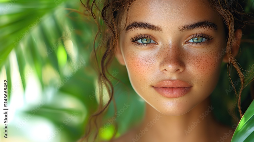 A portrait of a girl with plants emphasizes natural beauty, eco-friendly cosmetics, and glowing skin. A portrait of a girl with plants emphasizes natural beauty, eco-friendly cosmetics, and glowing skin.