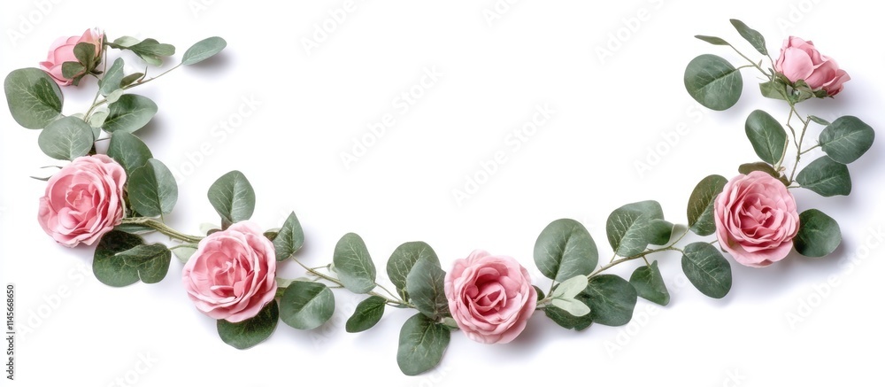 Pink rose and eucalyptus wreath frame on a white background for elegant floral designs with ample copy space for text or branding Pink rose and eucalyptus wreath frame on a white background for elegant floral designs with ample copy space for text or branding