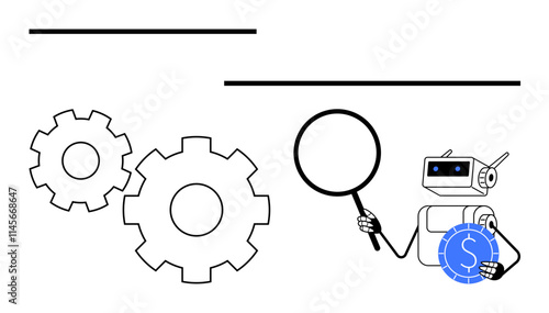 Robot holds a magnifying glass and blue dollar coin beside two gears. Ideal for automation, finance, technology, AI, machine learning, business efficiency, problem-solving concepts. Line metaphor