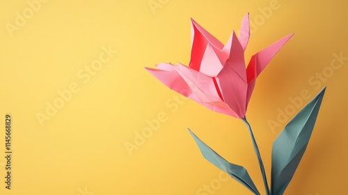 Origami pink tulip flower with green leaves on bright yellow background showcasing craftsmanship and creativity in paper art