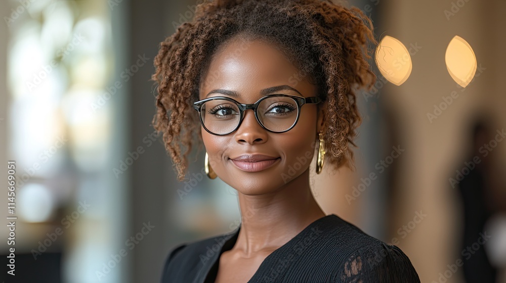 Fototapeta premium A portrait of a happy black woman employee in an office, wearing glasses and exuding pride, represents a lawyer or entrepreneur with professional career opportunities.