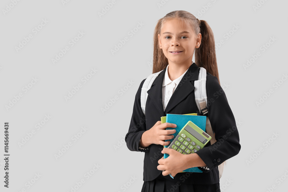 Cute little girl in school uniform with books and calculator on grey background Cute little girl in school uniform with books and calculator on grey background