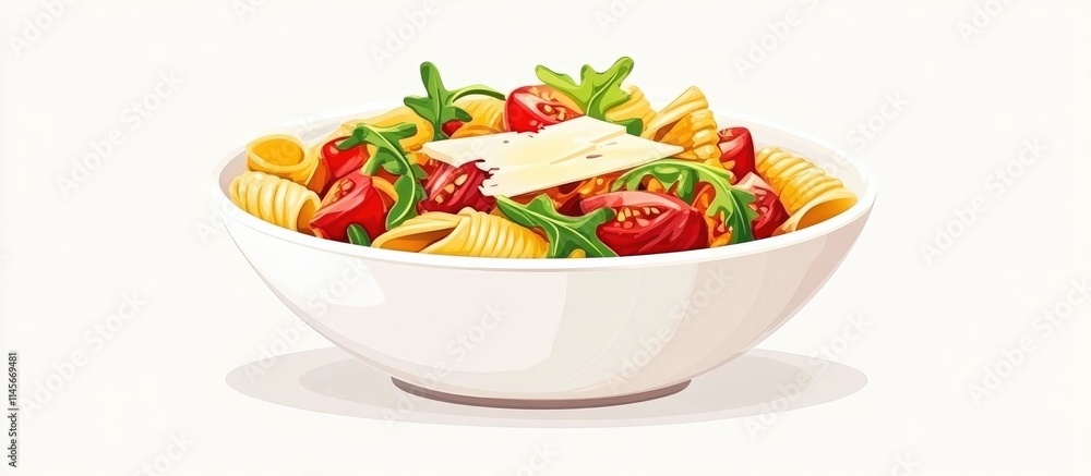Pasta with tomato sauce cheese and arugula served in a large white bowl showcasing a traditional cuisine presentation Pasta with tomato sauce cheese and arugula served in a large white bowl showcasing a traditional cuisine presentation