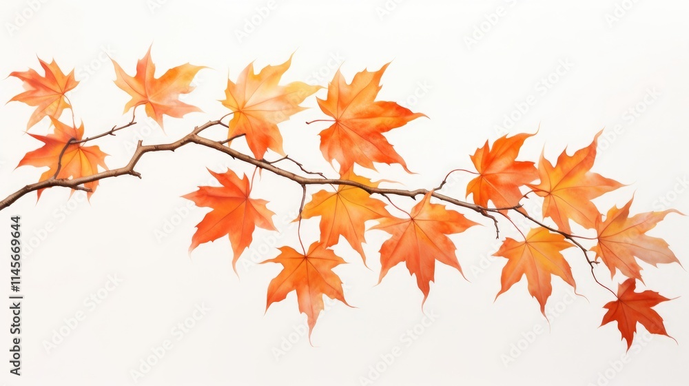 Autumn maple branch showcasing vibrant orange and yellow leaves against a clean white backdrop for seasonal beauty and decor. Autumn maple branch showcasing vibrant orange and yellow leaves against a clean white backdrop for seasonal beauty and decor.