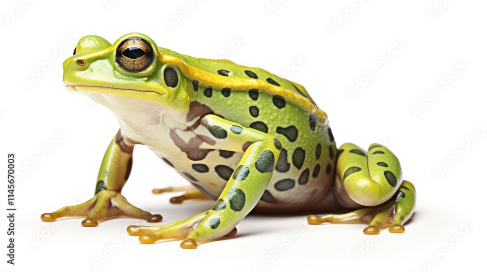 Obraz premium Vibrant green frog with distinct black spots isolated on a clean white background showcasing its unique features and natural beauty.