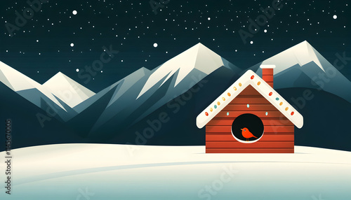 Snowy Mountain Christmas Birdhouse Winter Holiday Card Design. photo