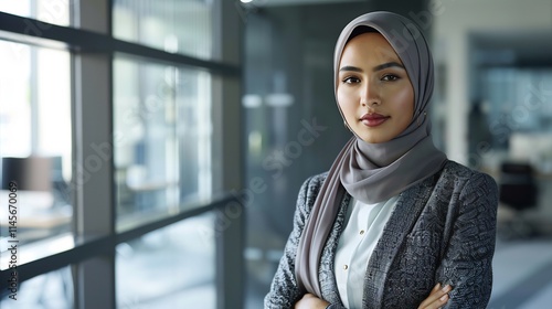 Businesswoman elegantly dressed professional attire wearing hijab exuding confidence grace managing team of professional corporate office her modest fashion professional dress setting standard photo