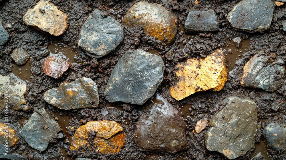 A close-up view of various stones embedded in mud, showcasing natural textures and colors. A close-up view of various stones embedded in mud, showcasing natural textures and colors.