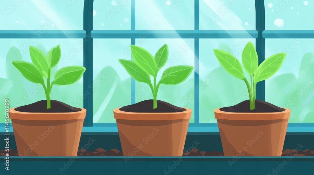 Obraz premium Illustration of growing seedlings in pots inside a greenhouse promoting organic gardening and eco-friendly plant care practices.