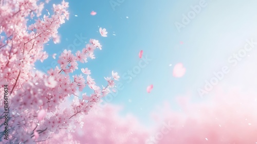 Cherry blossoms in full bloom with a clear blue sky in springtime showcasing vibrant pink petals and fresh nature background