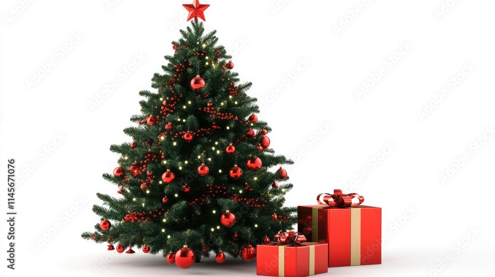 Christmas tree decorated with red ornaments and gift boxes on a white background, perfect for holiday themed projects and festive decorations. Christmas tree decorated with red ornaments and gift boxes on a white background, perfect for holiday themed projects and festive decorations.