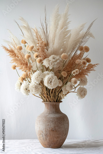 Boho Dried Flowers Still Life Clay Vase with copy Space
