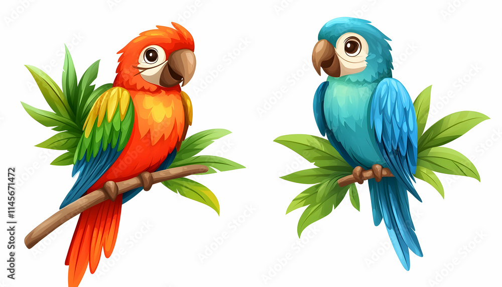 Obraz premium Two vibrant parrots perched on branches, tropical leaves background, children's book illustration.