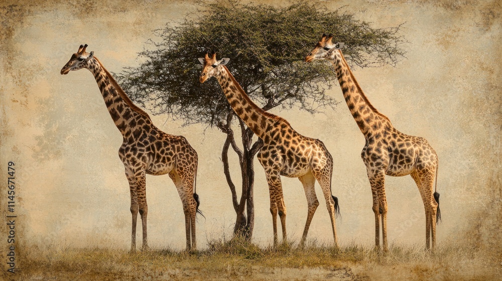 Obraz premium Three giraffes standing in a savanna, under a tree, in a vintage-style sepia image.