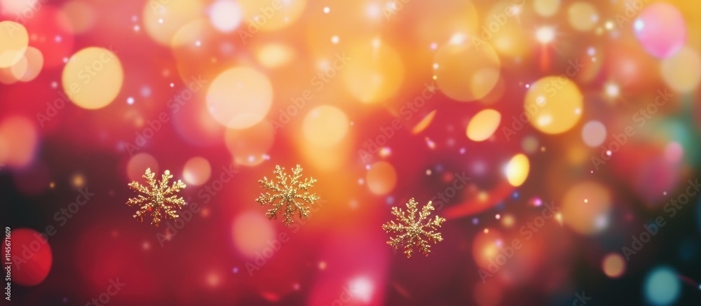 Festive blurred red backdrop with golden baubles fairy lights and snowflakes creating a warm holiday atmosphere Festive blurred red backdrop with golden baubles fairy lights and snowflakes creating a warm holiday atmosphere