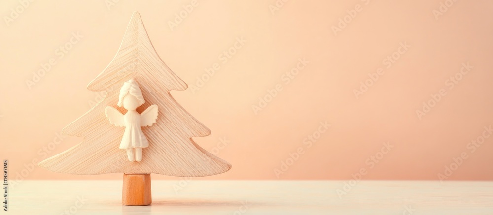 Wooden fir tree toy with angel figurine on a peach backdrop perfect for Christmas holiday decor and seasonal celebrations Wooden fir tree toy with angel figurine on a peach backdrop perfect for Christmas holiday decor and seasonal celebrations