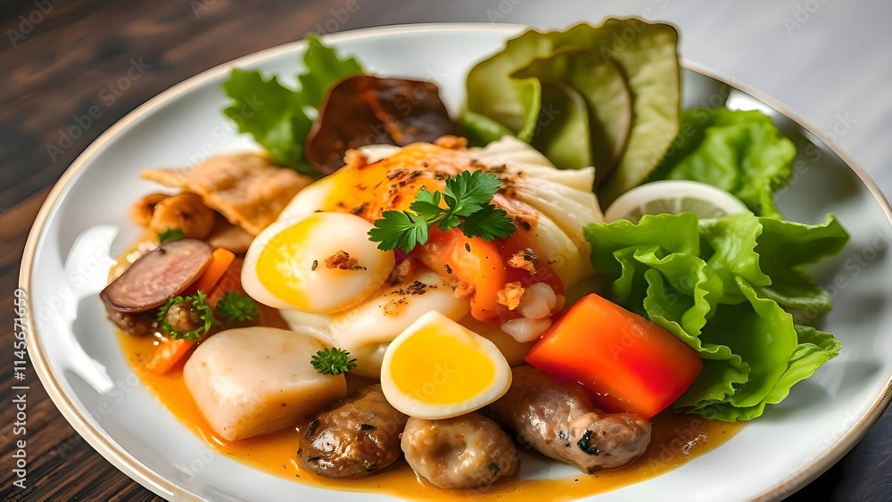 Vibrant Plate of Soft-Boiled Eggs, Sausages, and Mashed Potatoes Vibrant Plate of Soft-Boiled Eggs, Sausages, and Mashed Potatoes