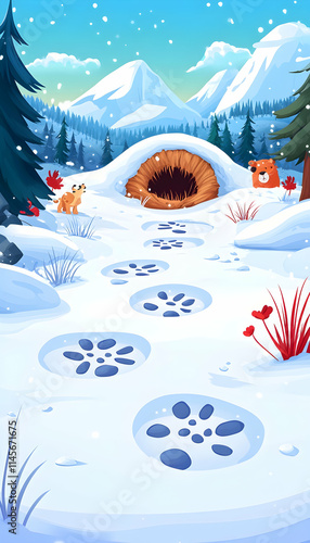 Winter Wonderland Animal Tracks Snow Path Game Background. photo