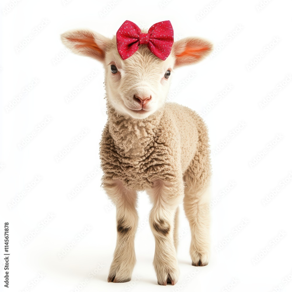 Fototapeta premium Cute baby lamb with heart-shaped bow indoor setting animal portrait whimsical vibe close-up view adorable concept