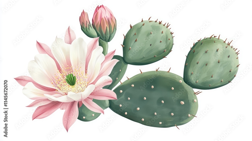 Flowering cactus with pink blooms and green pads showcasing detailed natural beauty and intricate textures of desert flora. Flowering cactus with pink blooms and green pads showcasing detailed natural beauty and intricate textures of desert flora.