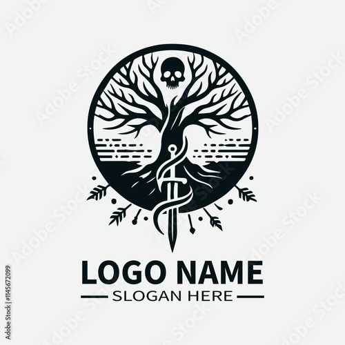 Tree of Life Skull Logo Design, Skull and Tree Symbol Logo, Life and Death Logo, Nature and Mortality Logo, Dark Fantasy Logo. 