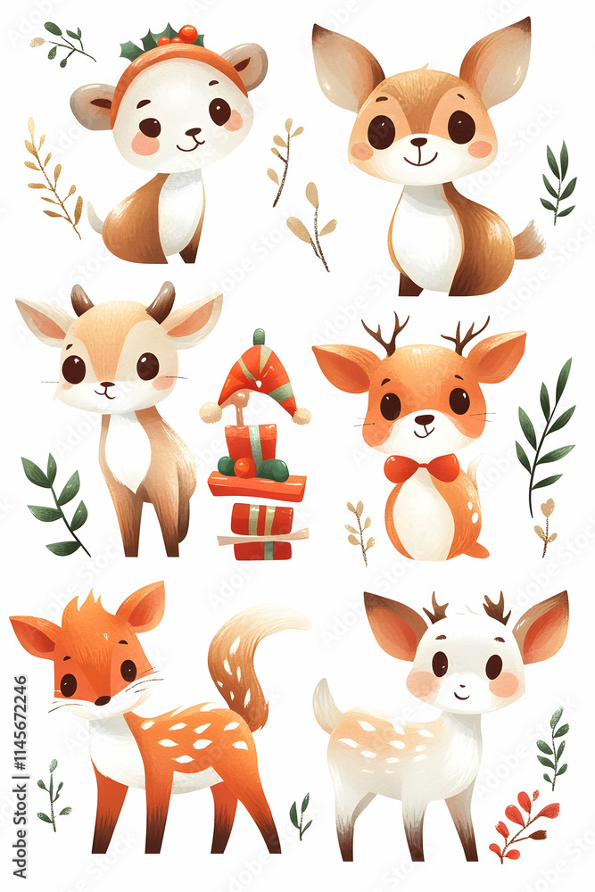 Obraz premium Adorable Christmas Deer Illustrations Festive, Cute Reindeer Designs for Holiday Cards, Prints, and Gifts.