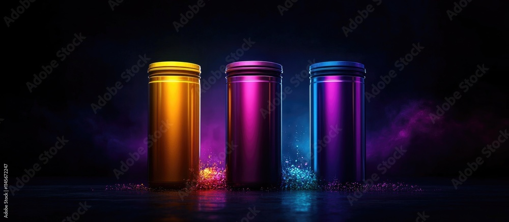 Vibrant plastic canisters for liquid storage illuminated in a dark setting showcasing innovative design and functionality of storage solutions Vibrant plastic canisters for liquid storage illuminated in a dark setting showcasing innovative design and functionality of storage solutions