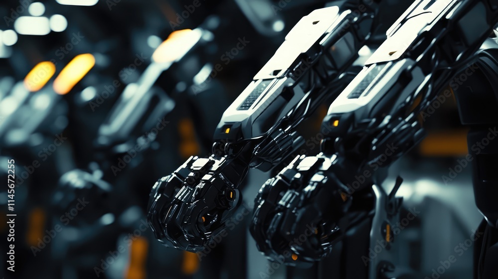 Row of Advanced Robotic Arms in High-Tech Factory for Automated Battery Pack Production and Car Manufacturing Assembly Line Row of Advanced Robotic Arms in High-Tech Factory for Automated Battery Pack Production and Car Manufacturing Assembly Line