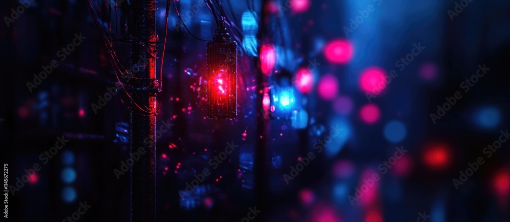 Obraz premium Urban infrastructure chaos with tangled wires and poles illuminated by vibrant city lights depicting electrical systems in a dynamic environment