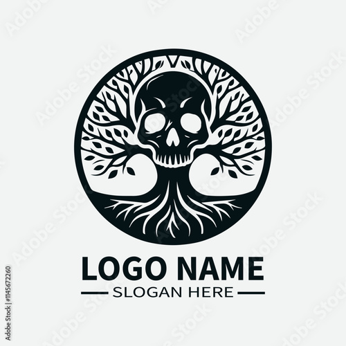Tree of Life Skull Logo Design, Skull and Tree Symbol Logo, Life and Death Logo, Nature and Mortality Logo, Dark Fantasy Logo. 