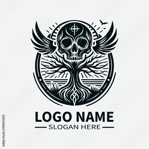 Tree of Life Skull Logo Design, Skull and Tree Symbol Logo, Life and Death Logo, Nature and Mortality Logo, Dark Fantasy Logo. 