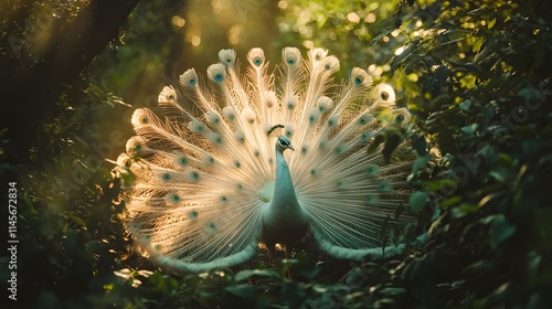 White Peacock Displays Its Majestic Tail Feathers In Sunlight photo