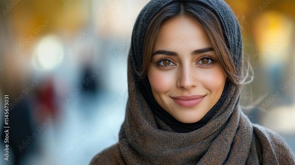 A portrait of a smiling Muslim woman in hijab highlights her happiness, appreciation for travel, and pride in her identity. A portrait of a smiling Muslim woman in hijab highlights her happiness, appreciation for travel, and pride in her identity.