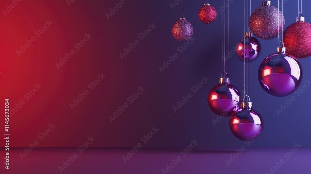 Elegant Christmas ornaments hanging against a vibrant purple and red background for a festive holiday atmosphere and seasonal decor inspiration.
