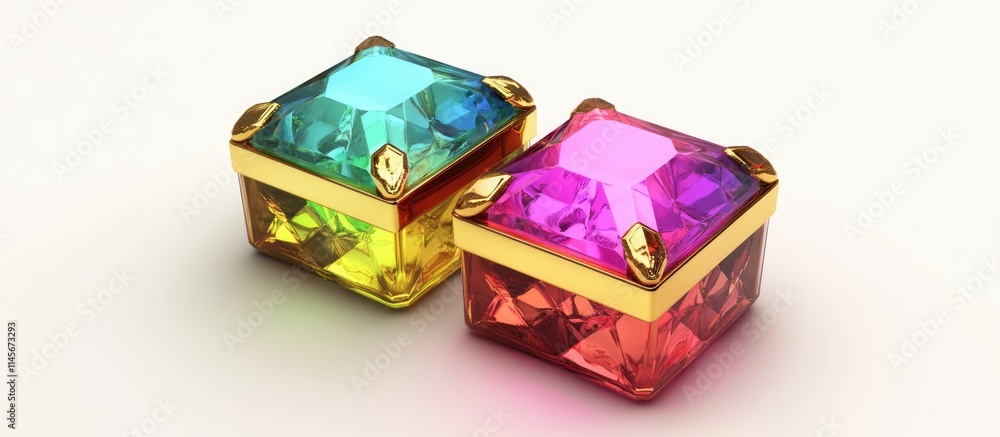 Obraz premium Colorful jewel boxes with gold accents on a light background showcasing elegance and luxury in design.