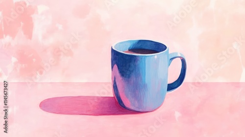 Blue coffee mug with dark beverage on a soft pink background artistic illustration showcasing minimalist design and vibrant colors photo